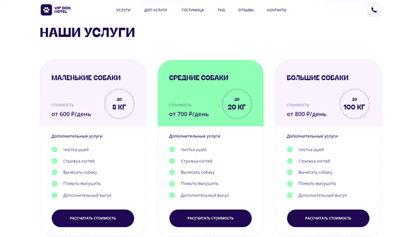 Услуги отеля для домашних животных презентуются на сайте по категориям и с кратким описанием. В описании указан минимальный порог стоимости в день, а точнее можно рассчитать при нажатии на соответствующие кнопки.