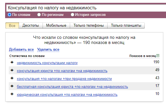Пример подбора слов на Яндекс.Вордстат