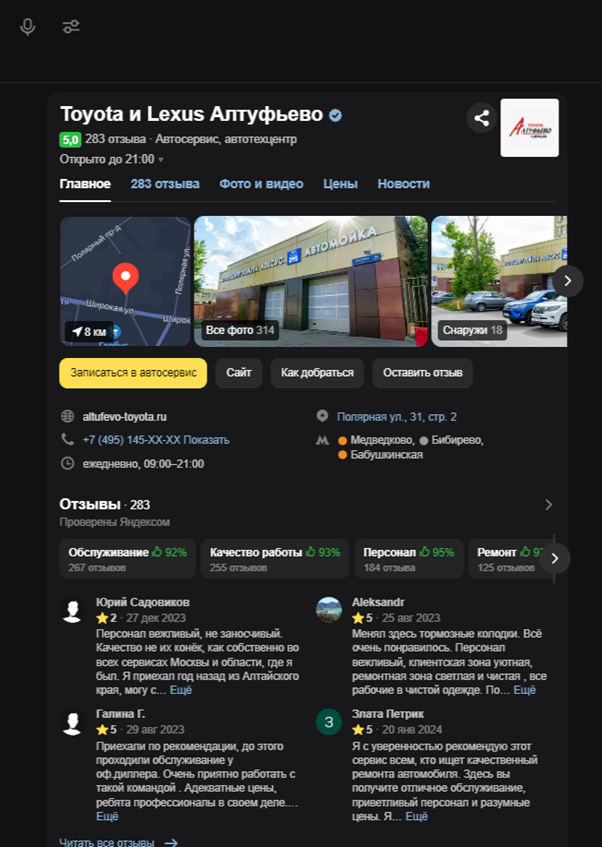 Пример карточки организации, которая заполнена всей необходимой информацией