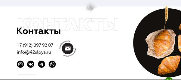 Пекарский цех «42 слоя» спрятал форму обратной связи под иконкой письма, а еще оставил ссылки на соцсети и мессенджеры