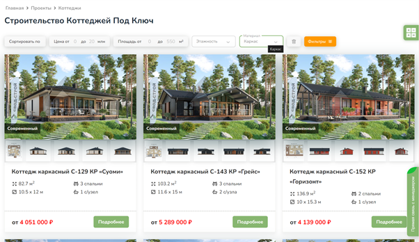 Если в список услуг входят такие, как строительство объекта от и до — сообщите об этом в каталоге. Источник: https://www.svod.ru/projects/cottage/