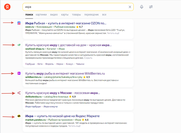 Так выглядят фавиконы в выдаче поисковика