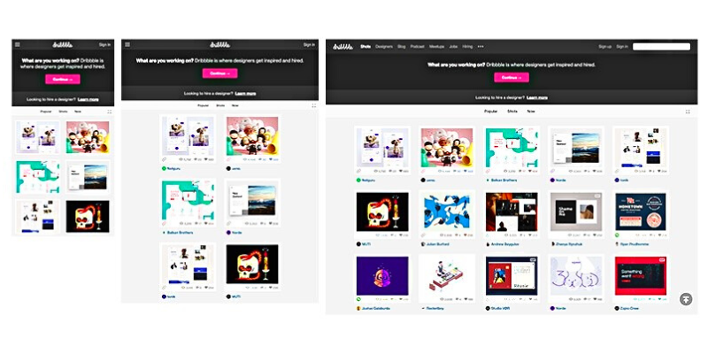 Сайт компании Dribbble имеет гибкую сетку – признак хорошего адаптивного дизайна. В десктопе пять столбцов, в мобильной и планшетной по два, плюс убрано все лишнее