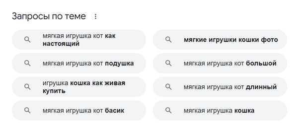 «Запросы по теме» в результатах поиска Google. В Яндексе есть аналогичный раздел — «Люди ищут».