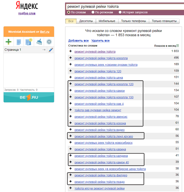 Поисковые запросы для будущих страниц по моделям Тойоты