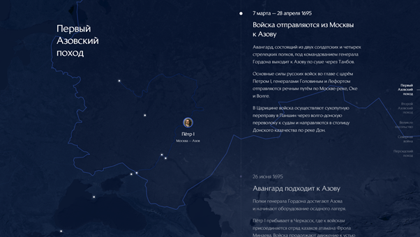 Интерактивная карта военных и дипломатических походов Петра I показывает перемещения Петра в формате таймлайна при пролистывании страницы