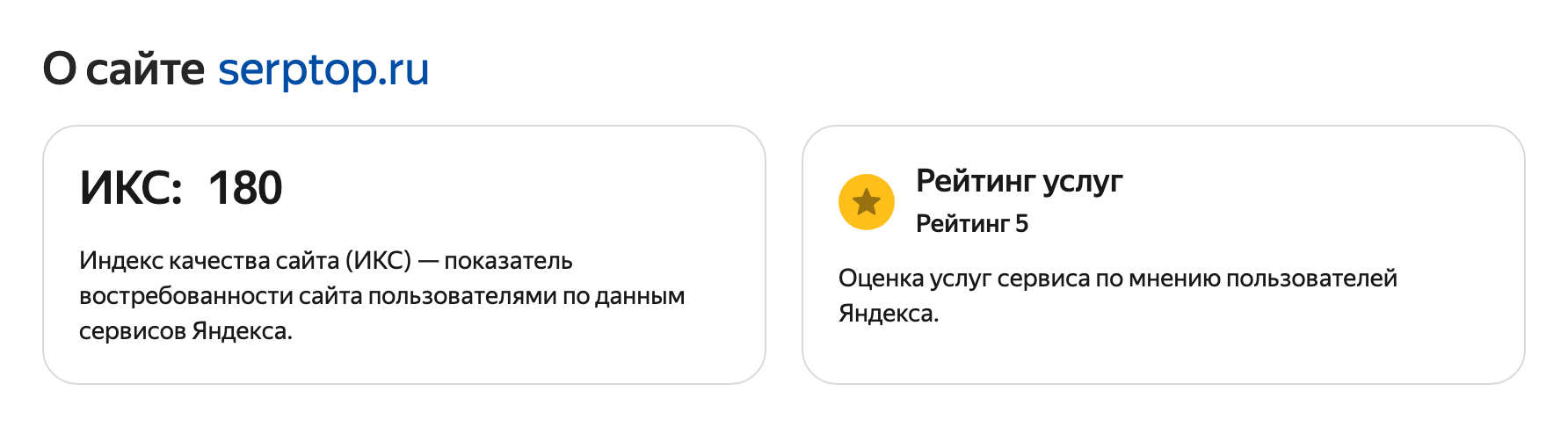 рейтинг услуг сайта на странице «Информация о сайте» в Яндексе