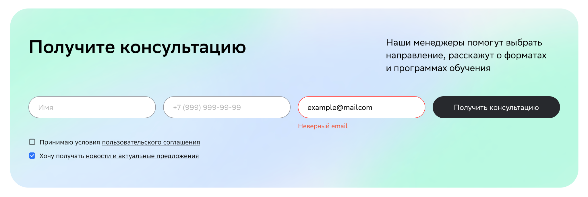 Форма консультации с полем email, именем, телефоном и чекбоксами согласия