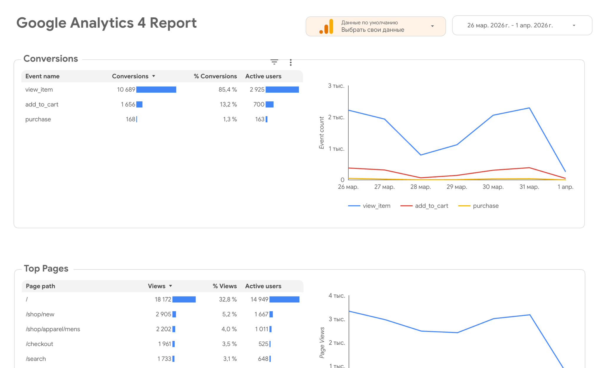 Отчет Google Analytics с графиком конверсий и страниц