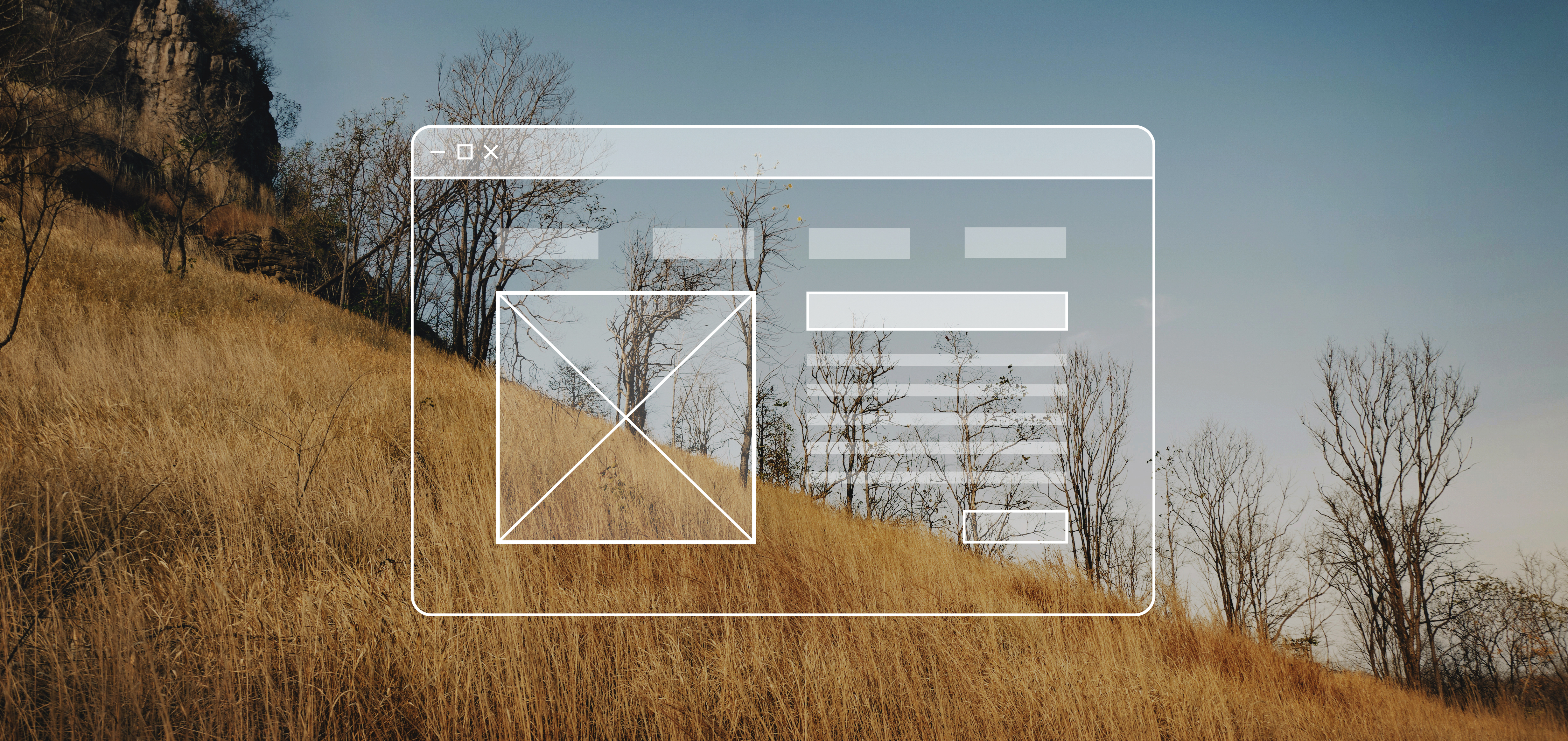 Макет интерфейса поверх пейзажа с сухой травой и небом