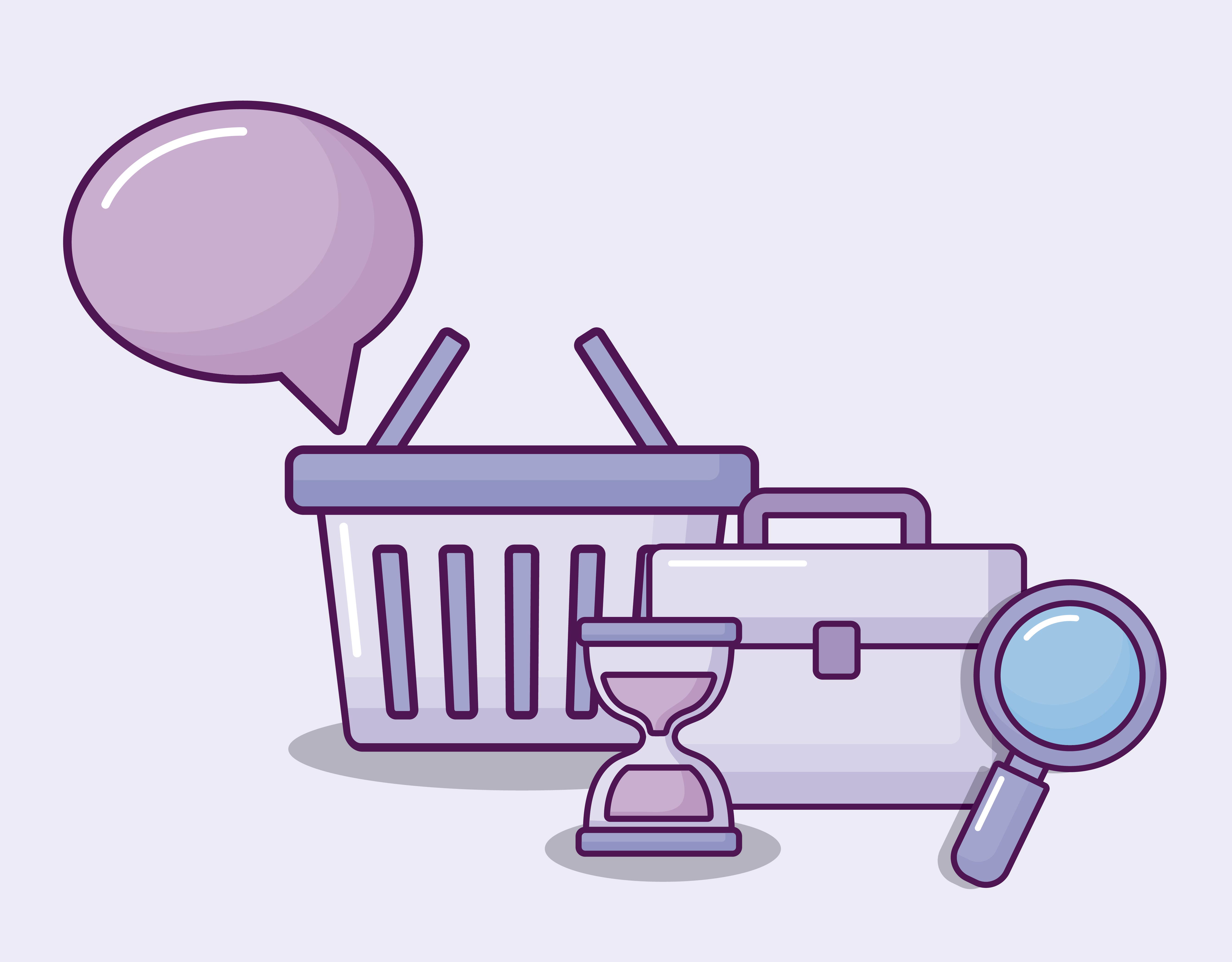 Картинка корзины с лупой и таймером - анализ покупок