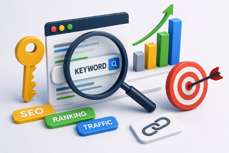 Иллюстрация с лупой на слове keyword и SEO-целями