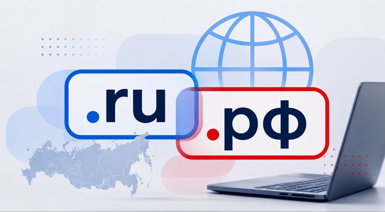 Домены .ru и .рф на экране ноутбука и карты России