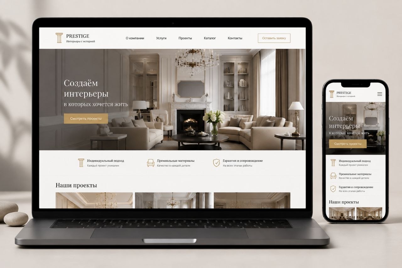 Классический дизайн сайта интерьеров на ноутбуке и смартфоне