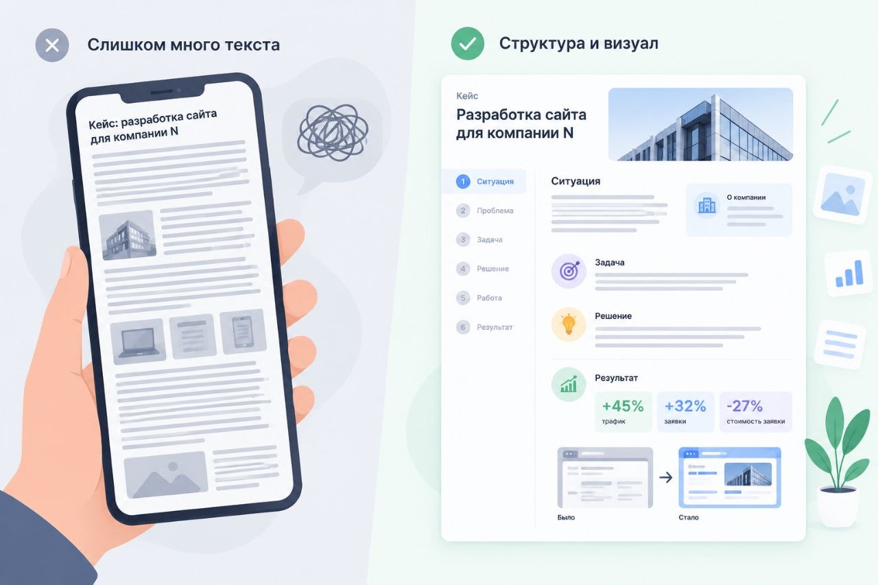 Сравнение перегруженного текста кейса со структурной подачей