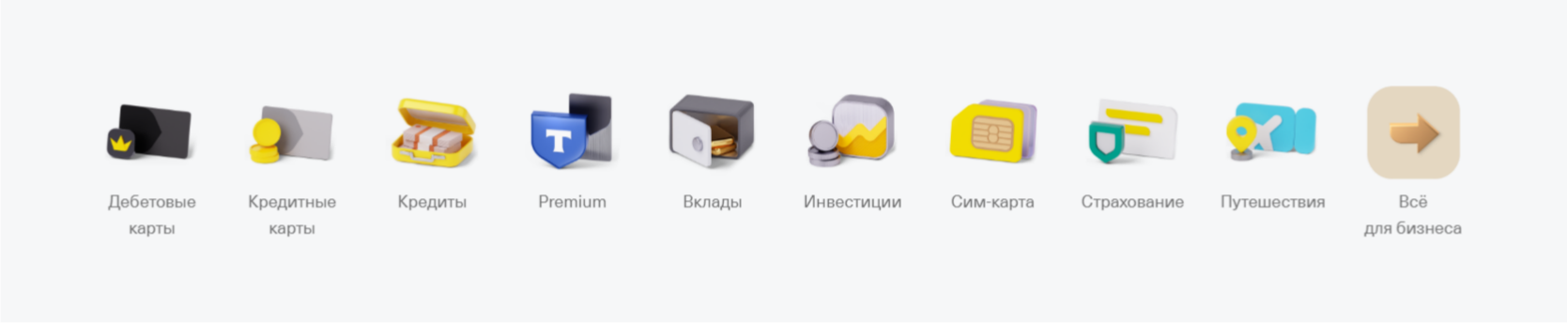 Карточки разделов банковского сайта в общей навигации
