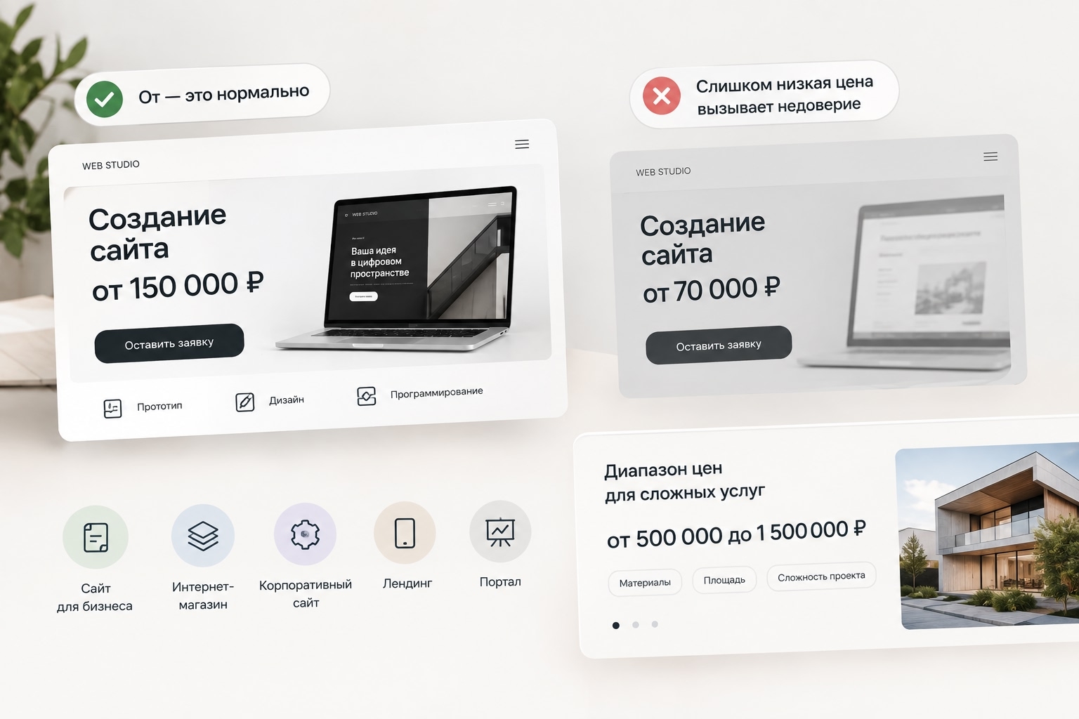 Примеры цены «от» и диапазона стоимости для услуг