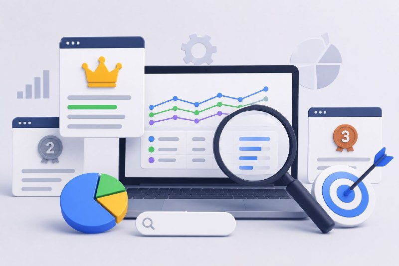 Лэптоп с графиками и поисковым анализом ключей в SEO