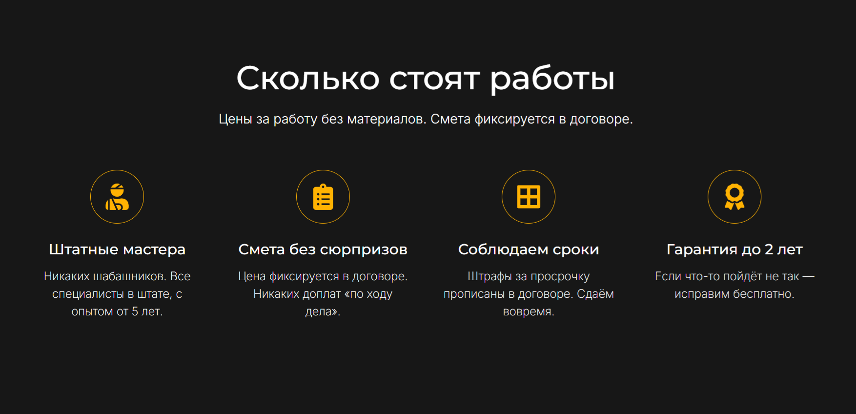 Слайд с четырьмя блоками о стоимости работ и сроках