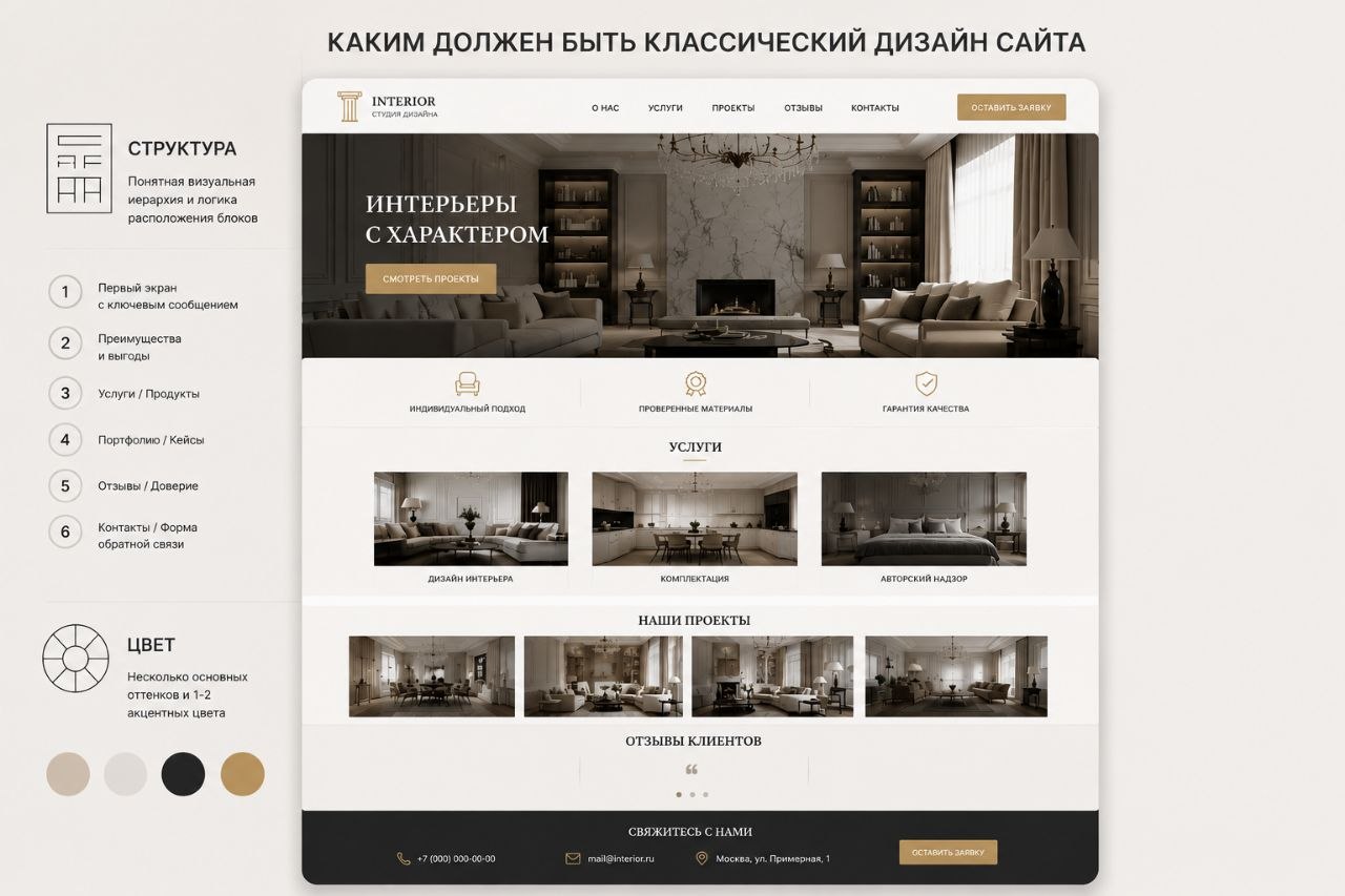 Схема классического дизайна сайта со структурой и цветами