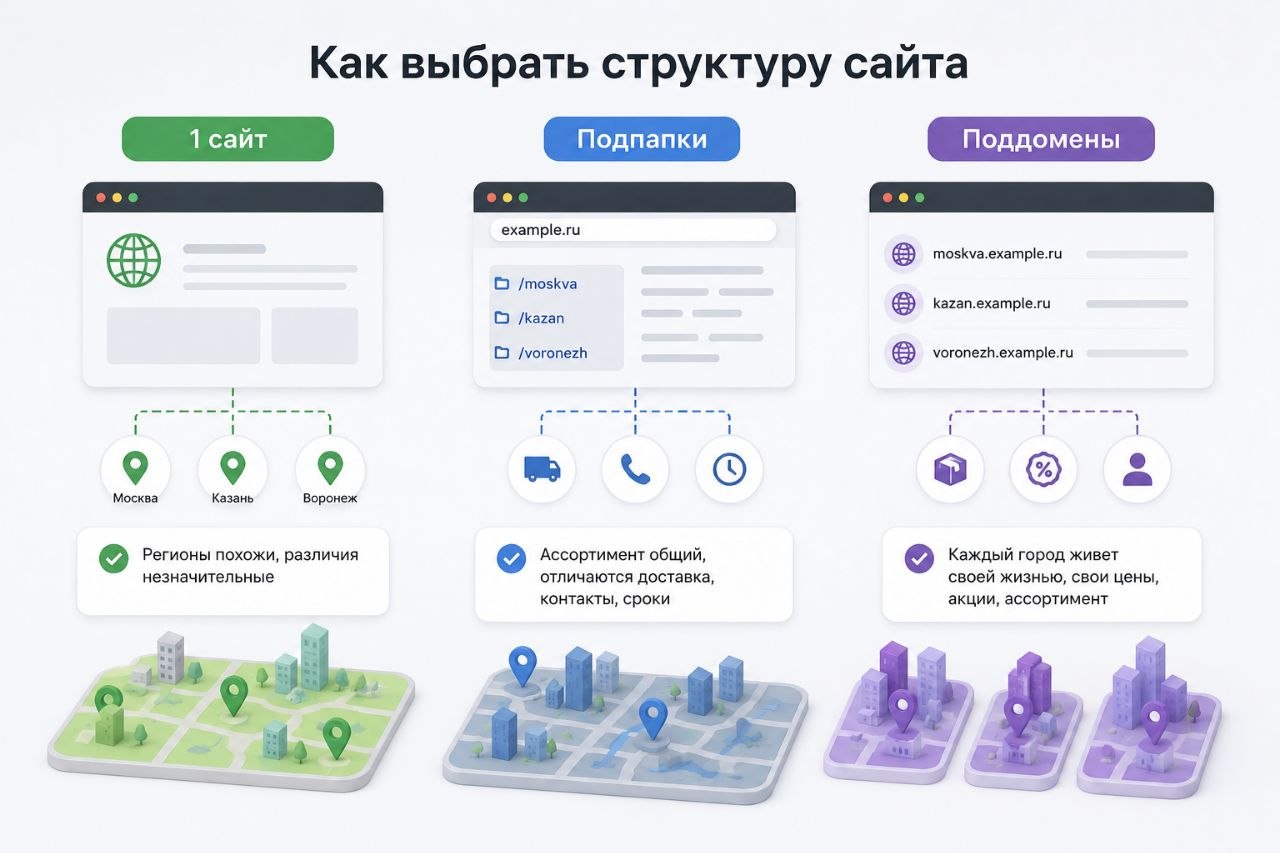 Схема выбора: сайт, подпапки или поддомены для регионов