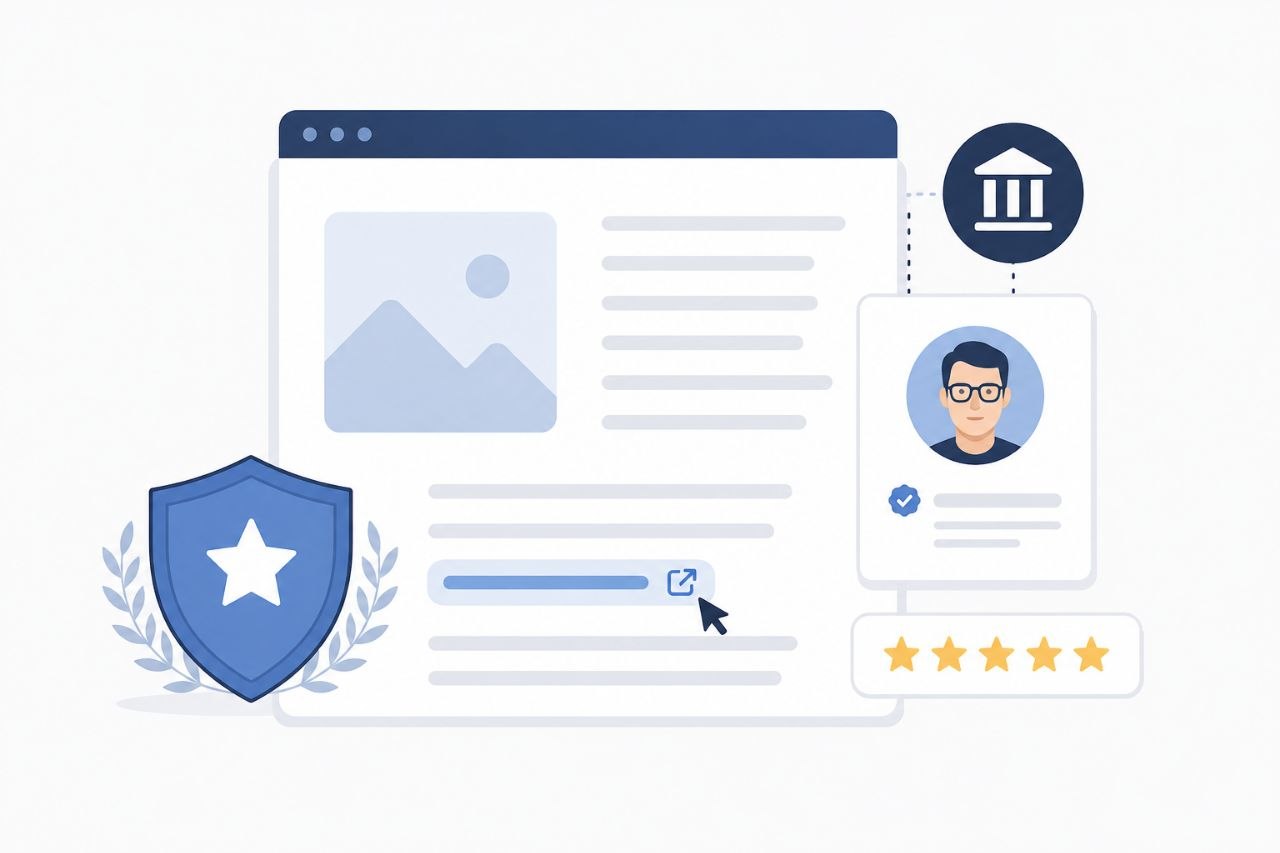 Иллюстрация статьи с щитом доверия, профилем и рейтингом