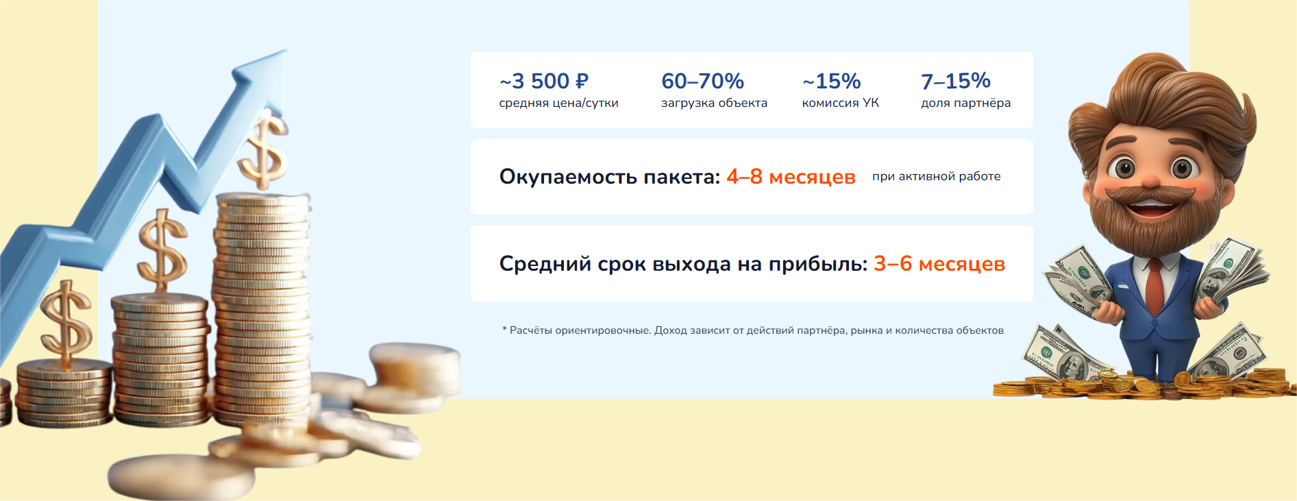 Инфографика с монетами, растущим графиком и персонажем