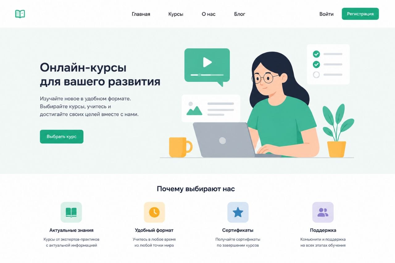 Лендинг онлайн-курсов с героиней за ноутбуком и иконками