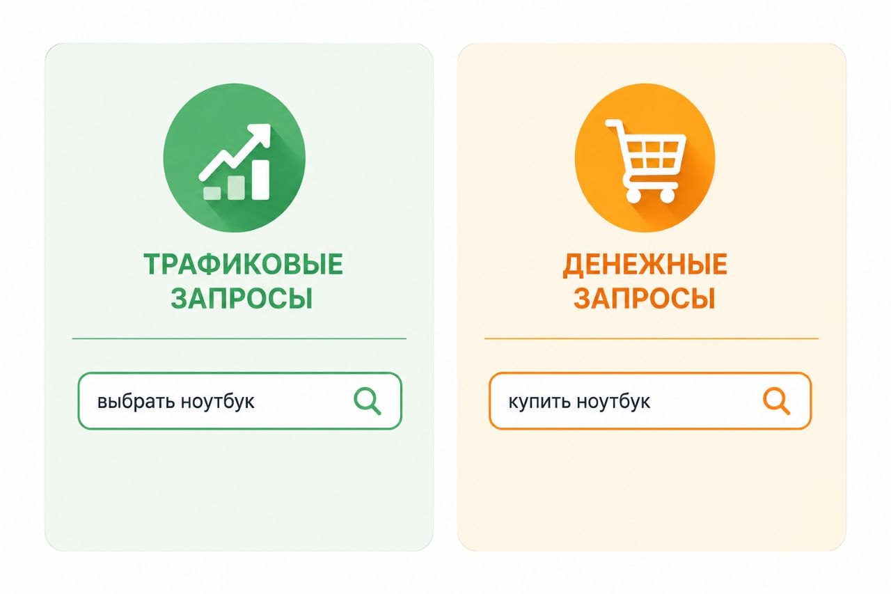 Сравнение трафиковых и денежных запросов в SEO-статье