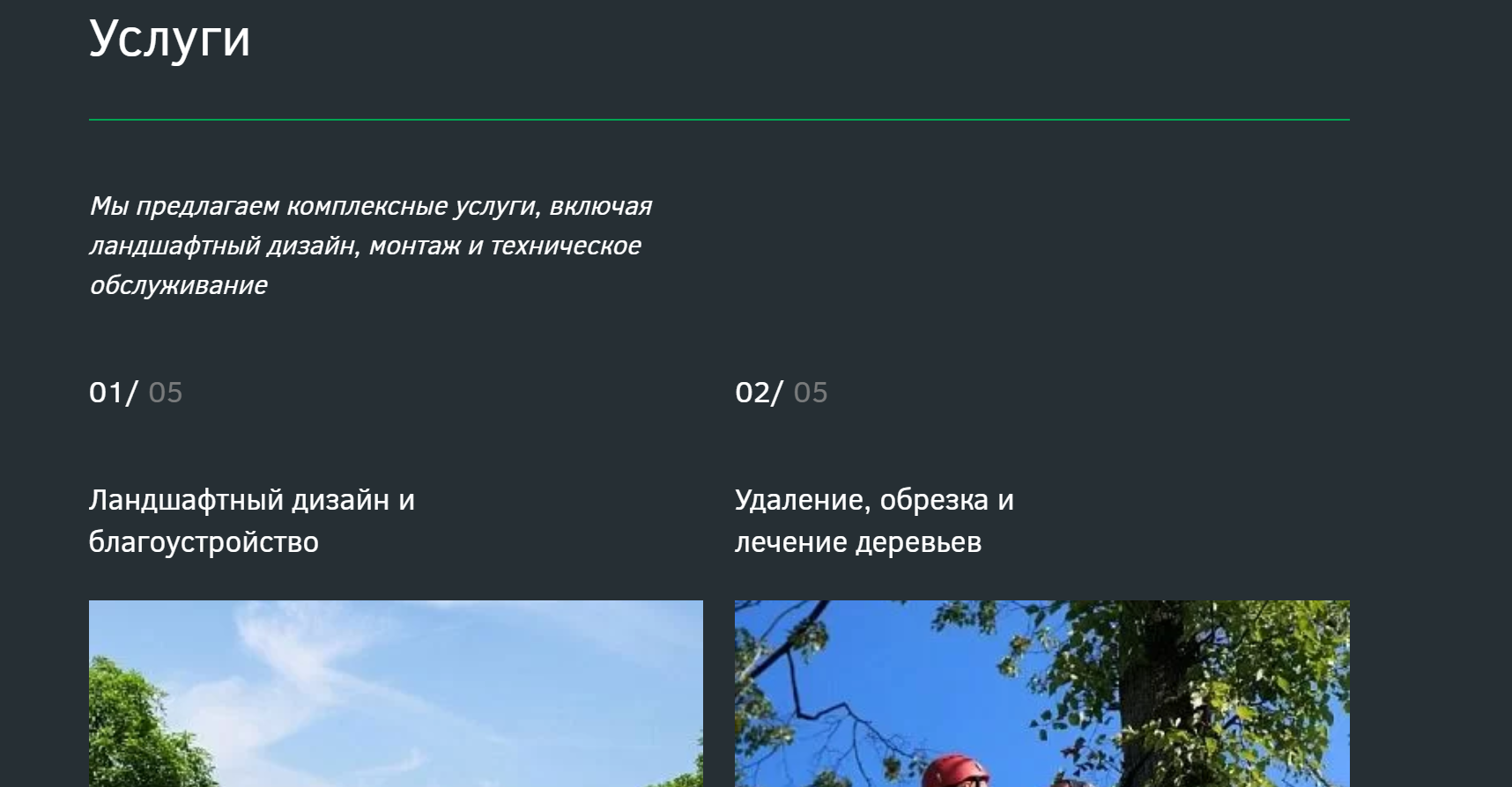 Раздел услуг на сайте с темной подачей и фото работ