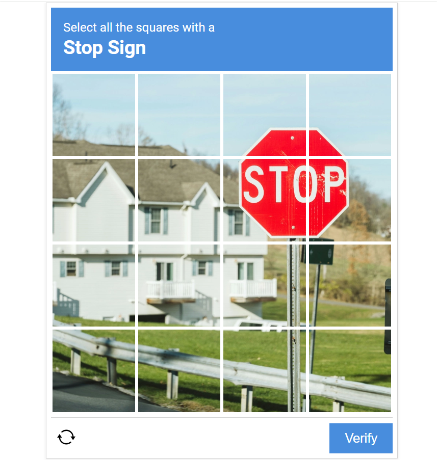 Капча с выбором квадратов и знаком "STOP" для валидации