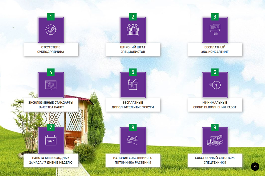 Коммерческое предложение компании «Нобили» уникально, поскольку она располагает собственным питомником растений и парком специализированной техники, что исключает привлечение посредников.