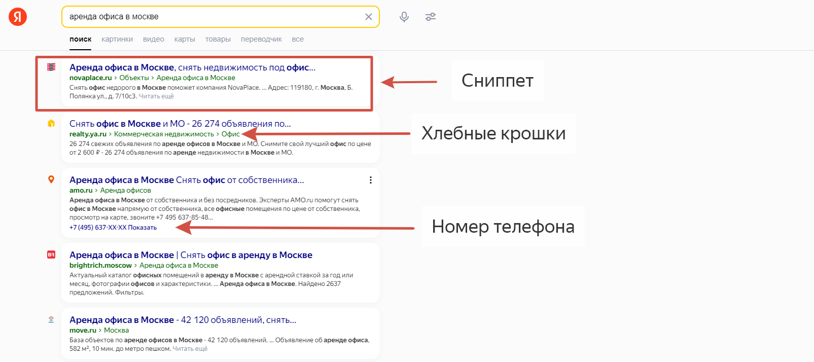 "Пример выдачи по запросу "аренда