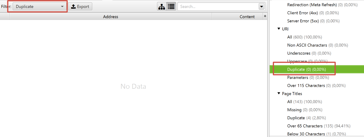 По тегам TITLE и H1 программа позволяет находить дубли веб-страниц
