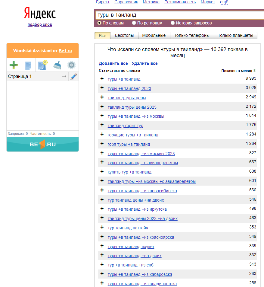 "Пример запросов по ключевой фразе "туры
