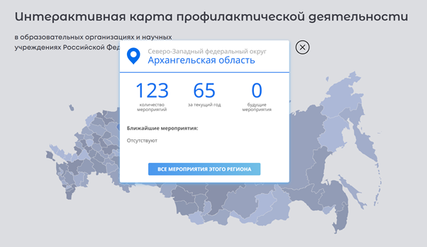 Интерактивная карта профилактической деятельности в образовательных организациях и научных учреждениях РФ позволяет перемещать курсор по регионам страны и видеть основную информацию (область и количество мероприятий ), (https://map.ncpti.ru/)а при открытии заинтересовавшей области — подробнее. К тому же, из открывшегося всплывающего окна можно перейти к ознакомлению со списком мероприятий.